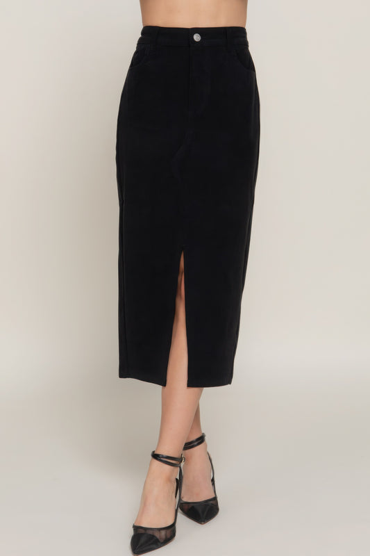 Front Open Slit Corduroy Midi Skirt - Exotic Bear Boutique