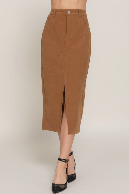 Front Open Slit Corduroy Midi Skirt - Exotic Bear Boutique