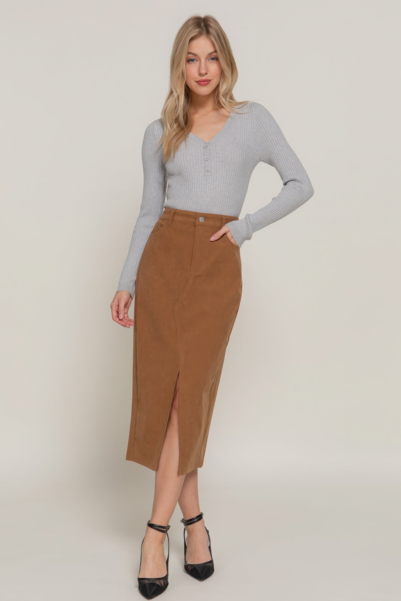 Front Open Slit Corduroy Midi Skirt - Exotic Bear Boutique