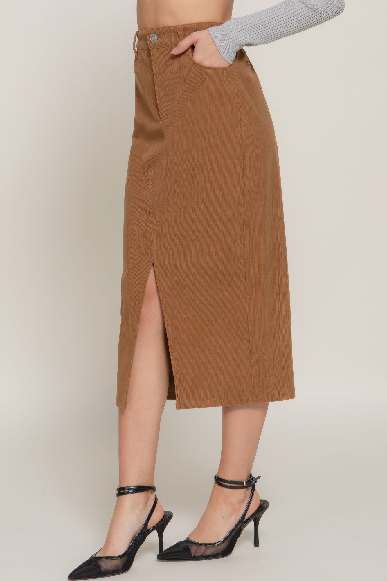 Front Open Slit Corduroy Midi Skirt - Exotic Bear Boutique