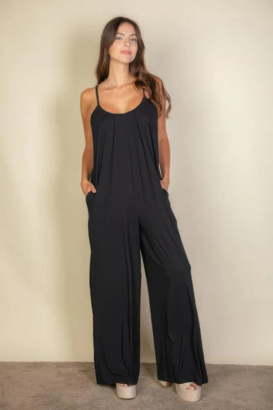 Spaghetti Strap Solid Wide Jumpsuit - Exotic Bear Boutique