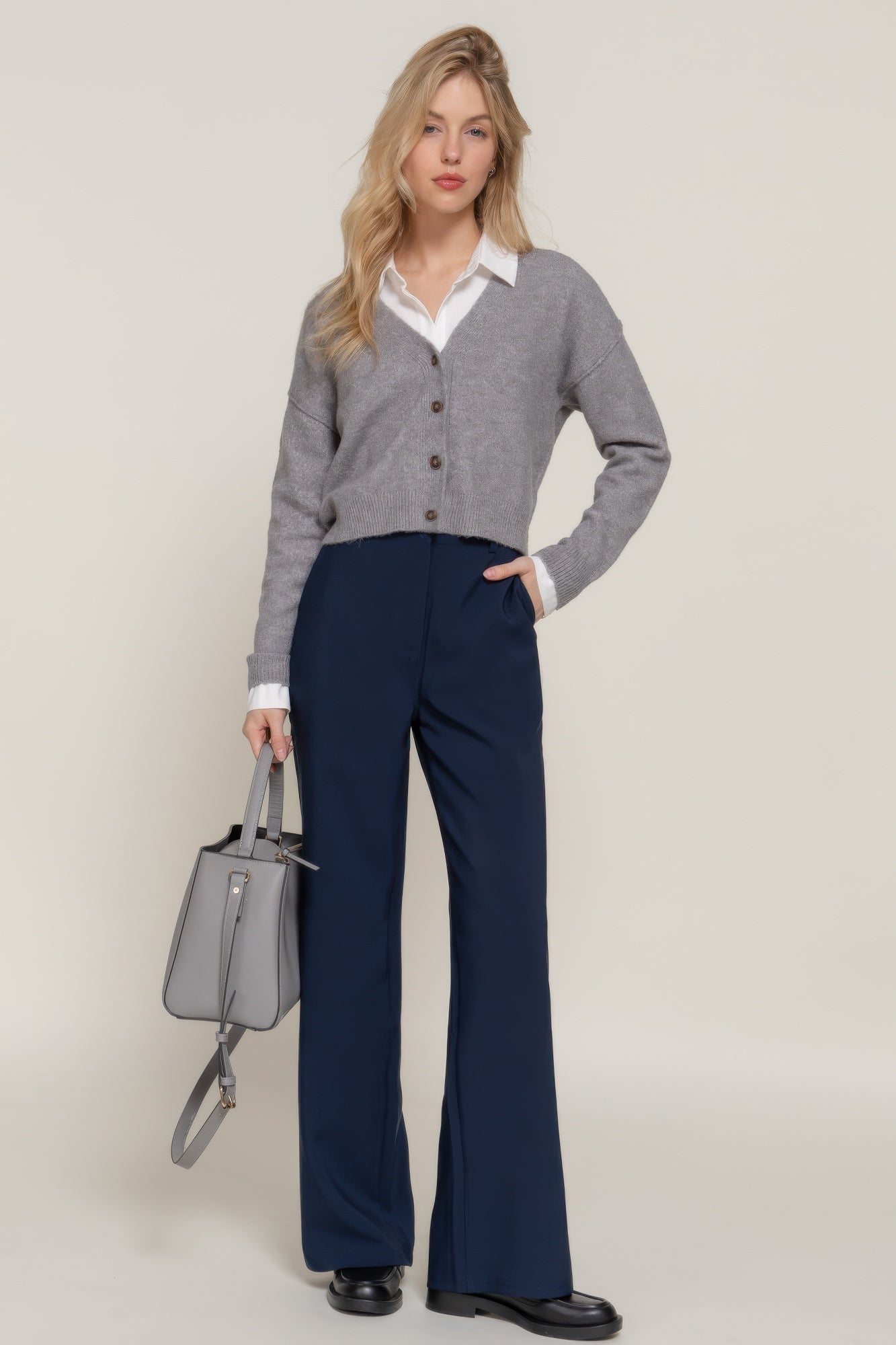 Back elastic straight woven long pants - Exotic Bear Boutique