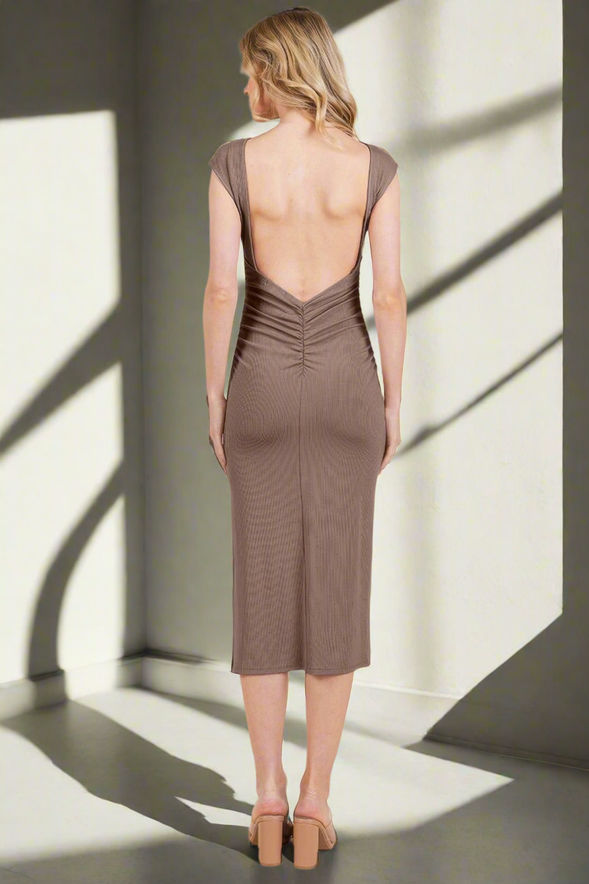 Cap Sleeve Boatneck Open Back Midi Dress