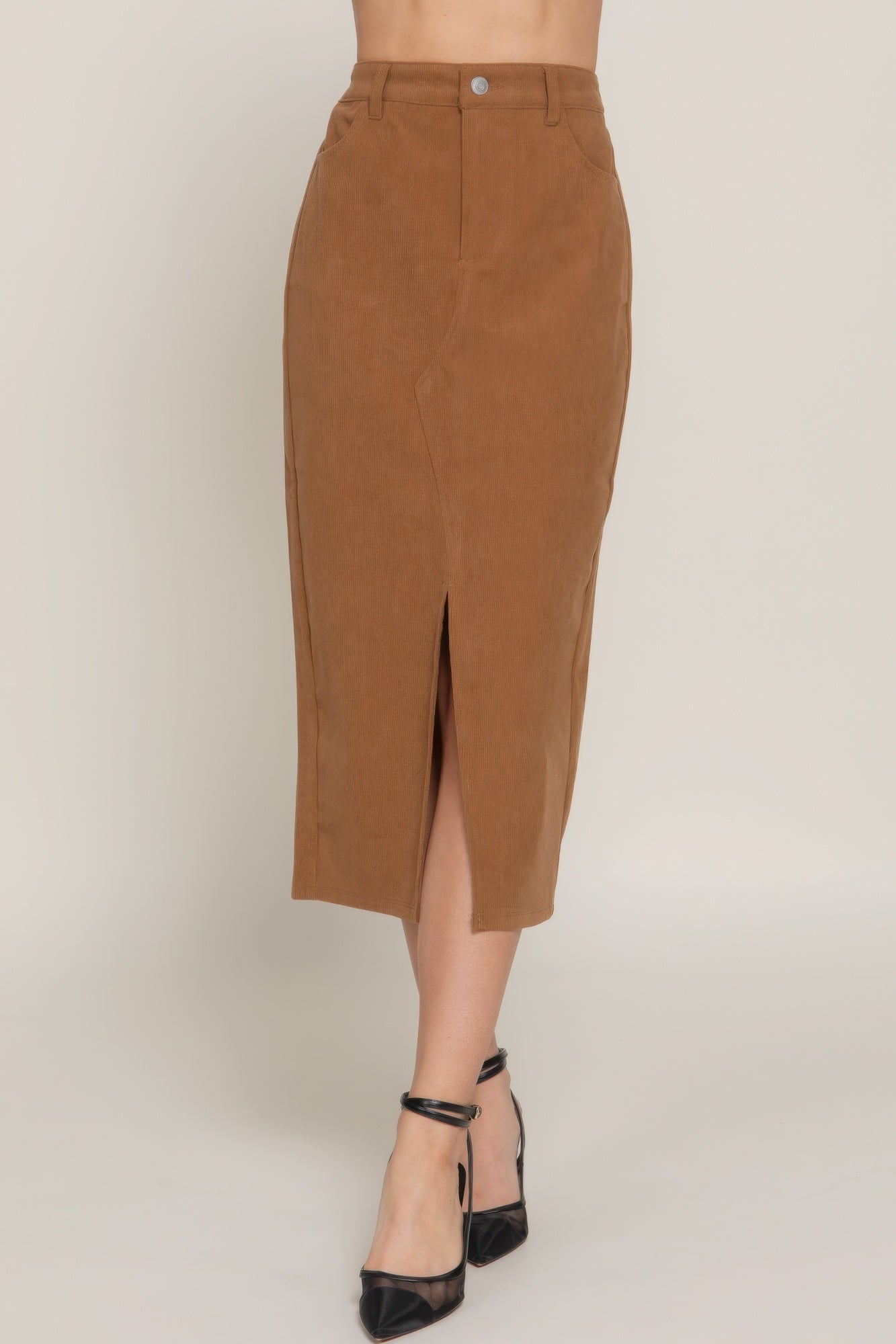 Front Open Slit Corduroy Midi Skirt - Exotic Bear Boutique 