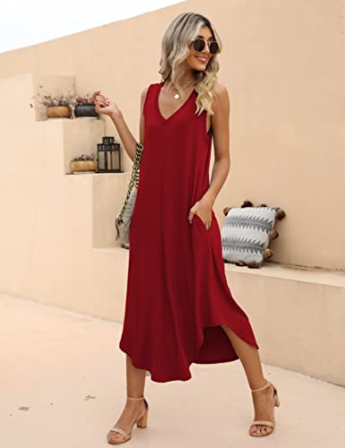SUNDELL Women's Summer Dress Sleeveless Maxi Dresses Casual V Neck Loose Midi Dresses with Pockets (Red-S)