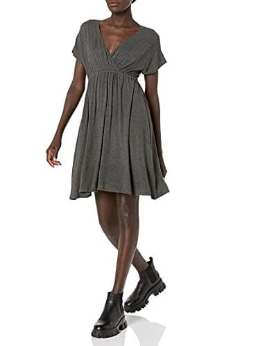 Amazon Essentials Women's Solid Surplice Dress, Charcoal Heather, XS