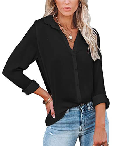 Diosun Womens Button Down V Neck Shirts Long Sleeve Office Casual Business Plain Blouses Tops (Small, Black)