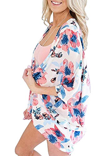 Naivikid Women Floral Kimono Cardigan Loose Half Sleeve Shawl Chiffon Casual Open Front Cover up White S
