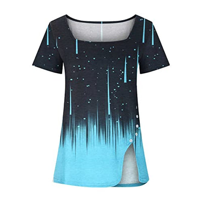 Womens Summer Tops Square Neck T Shirt Casual Top Short Sleeve Retro Pattern Blouse Split Comfort Basic Tees Shirts
