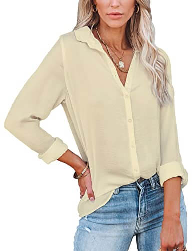 Diosun Womens Button Down V Neck Shirts Short/Long Sleeve Office Casual Business Plain Blouses Tops (Small, Beige)