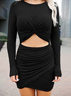 BINLIANG Women Casual Sexy Bodycon Twist Knot Front Cutout Mini Short Dress Evening Dresses (D# Black Long Sleeve,Small)