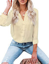 Diosun Womens Button Down V Neck Shirts Short/Long Sleeve Office Casual Business Plain Blouses Tops (Small, Beige)