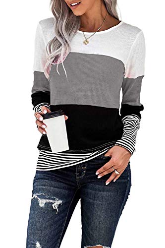 KINGFEN Long Sleeve Tops for Women Round Neck Casual Loose Fit Tee Shirts Comfy Striped Color Block Fall Shirt Blouses Gray Small - Exotic Bear LifeStyle