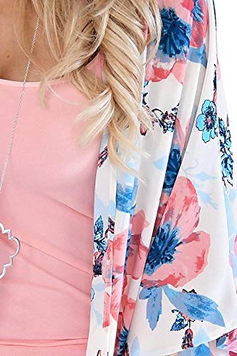 Naivikid Women Floral Kimono Cardigan Loose Half Sleeve Shawl Chiffon Casual Open Front Cover up White S