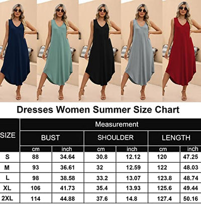 SUNDELL Women's Summer Dress Sleeveless Maxi Dresses Casual V Neck Loose Midi Dresses with Pockets (Red-S)