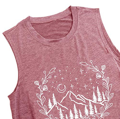 Women Camping Tank Tops Funny Mountain Floral Graphic Tee Shirt Hiking Tank Tops (Pink, Large)