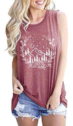 Women Camping Tank Tops Funny Mountain Floral Graphic Tee Shirt Hiking Tank Tops (Pink, Large)
