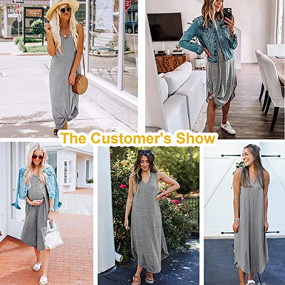 SUNDELL Women's Summer Dress Sleeveless Maxi Dresses Casual V Neck Loose Midi Dresses with Pockets (Grey-S)